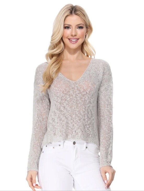 Ye Mak Sweaters - Yemak Women's Long Sleeve V-Neck Cropped Summer Pullover Knit Sweater